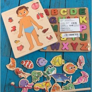 Wooden puzzles kids fishing pole game new alphabet